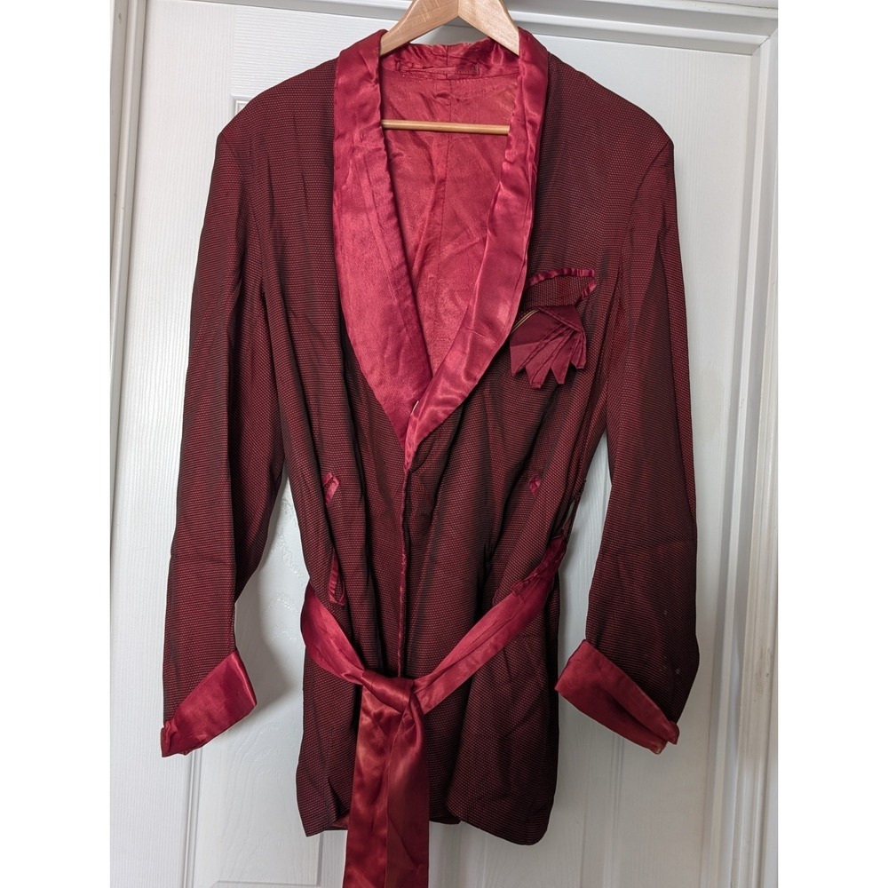 Vintage Smoking Jacket Tie Waist Burgundy Red With Pocket Square